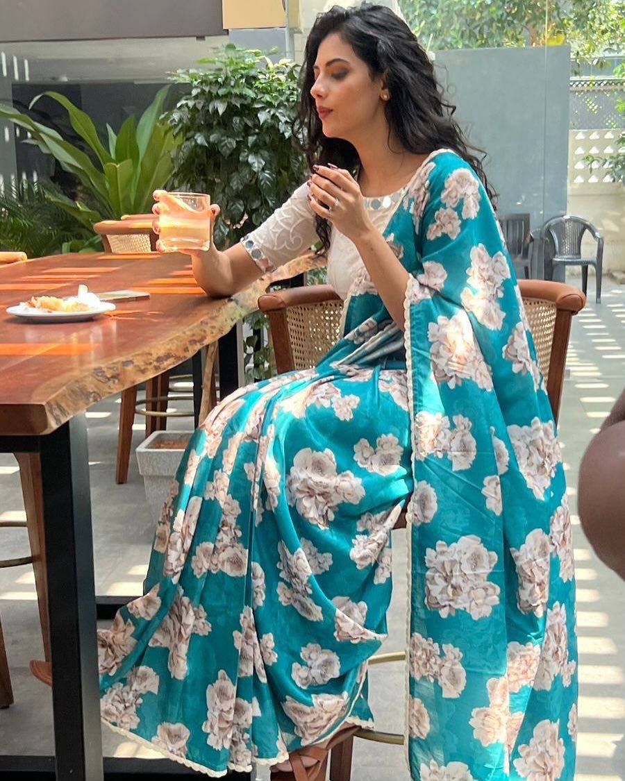 Teal Bule Tebby Silk Digital Printed Saree with Chikankari Lace Border