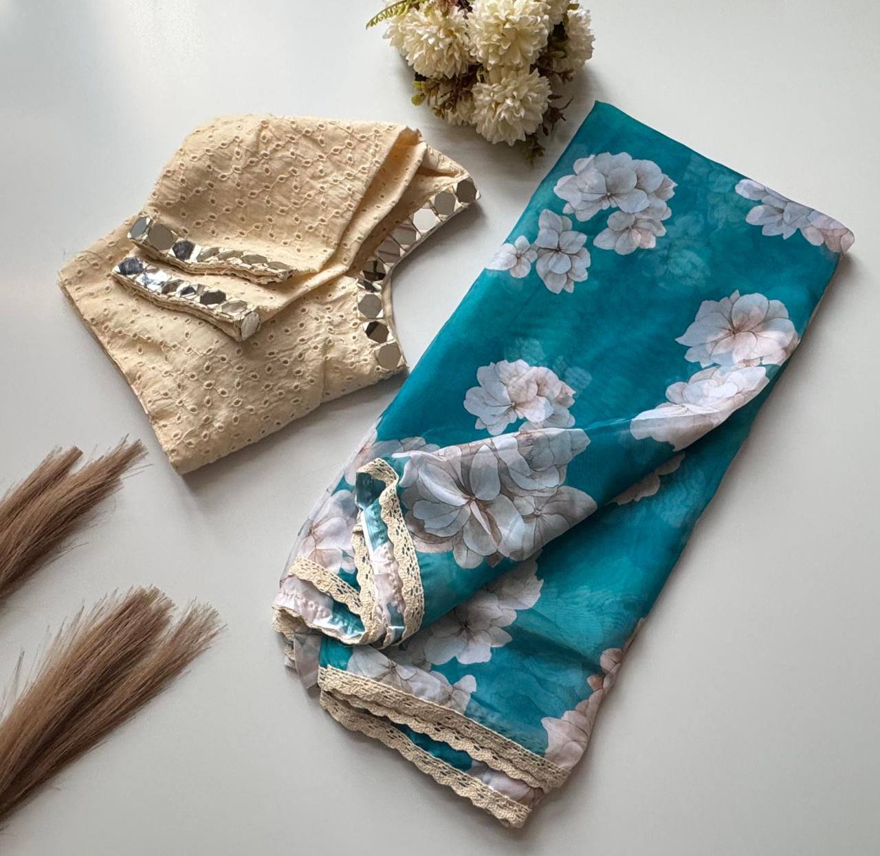 Teal Bule Tebby Silk Digital Printed Saree with Chikankari Lace Border