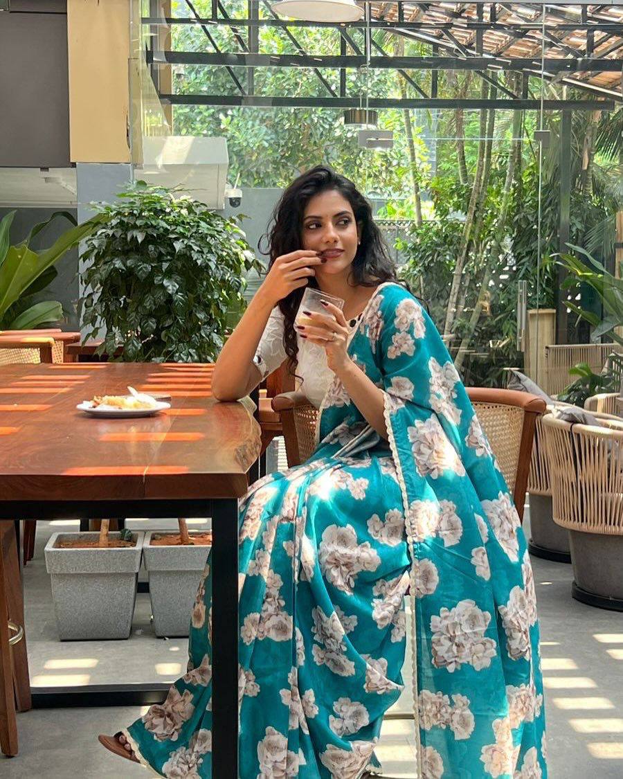 Teal Bule Tebby Silk Digital Printed Saree with Chikankari Lace Border