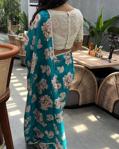 Teal Bule Tebby Silk Digital Printed Saree with Chikankari Lace Border