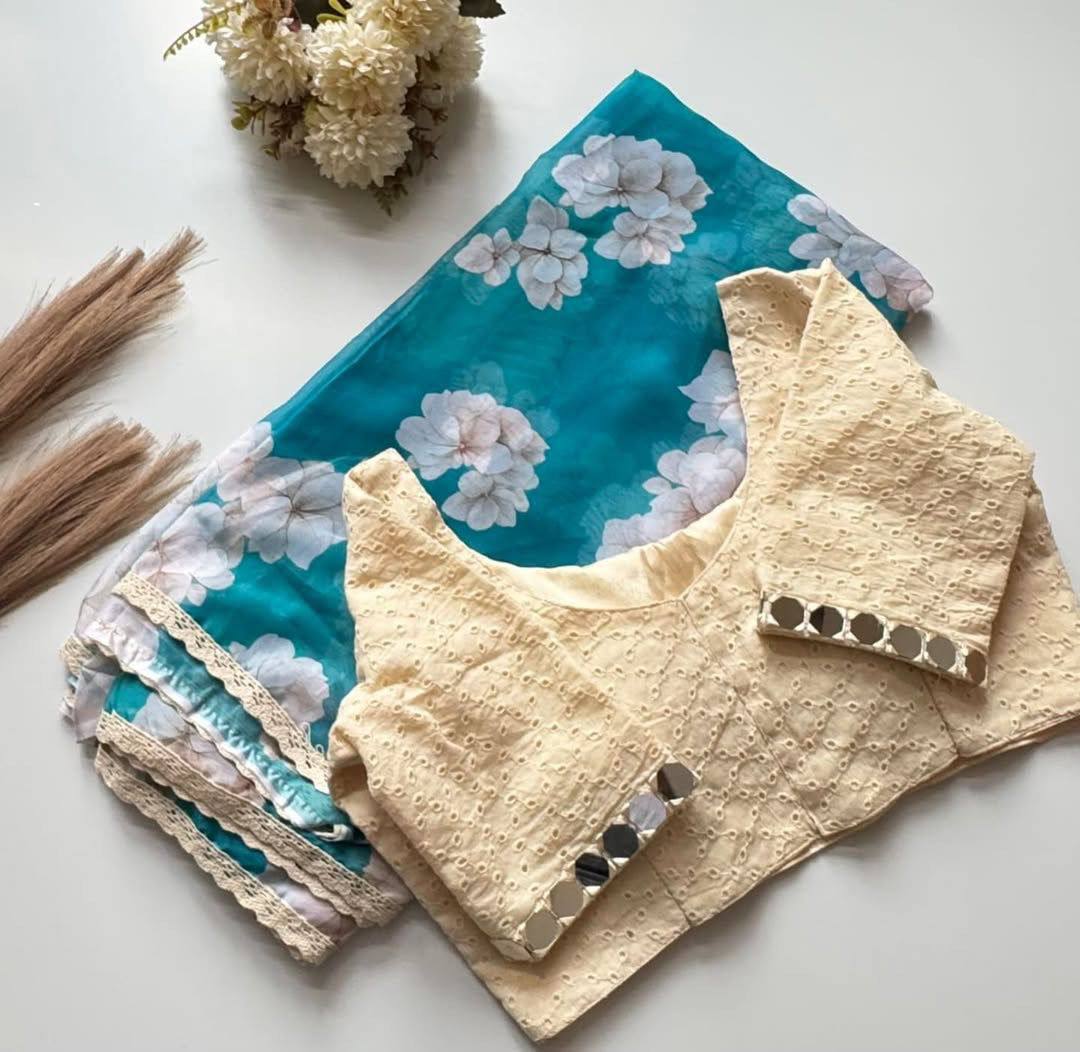 Teal Bule Tebby Silk Digital Printed Saree with Chikankari Lace Border