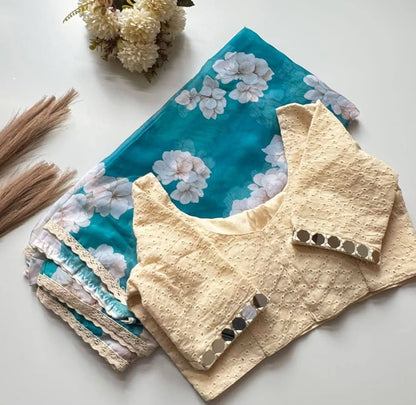 Teal Bule Tebby Silk Digital Printed Saree with Chikankari Lace Border