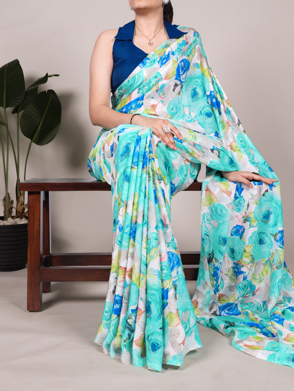 Teal Dull Satin Floral Printed Saree with Moonga Silk Blouse