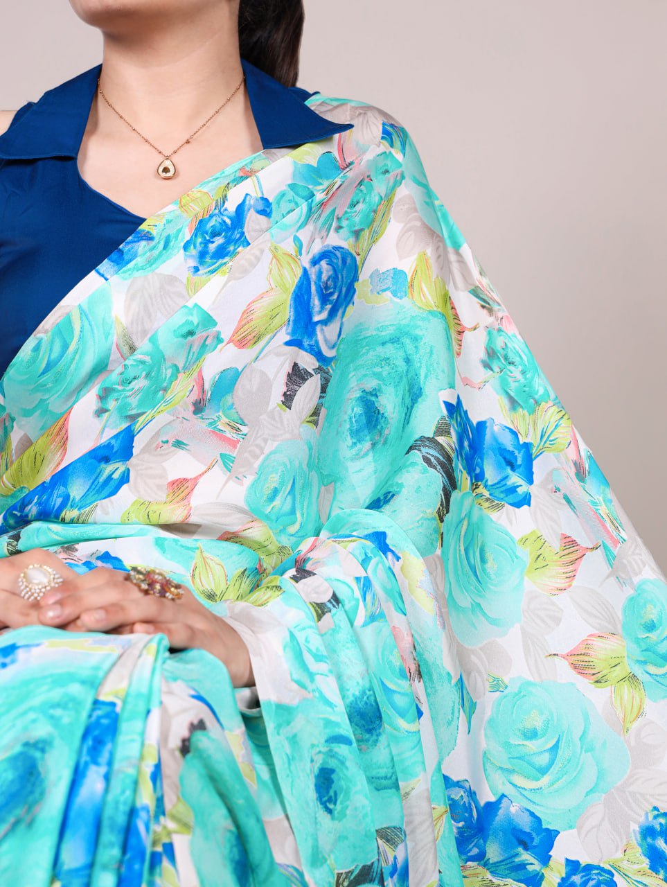 Teal Dull Satin Floral Printed Saree with Moonga Silk Blouse