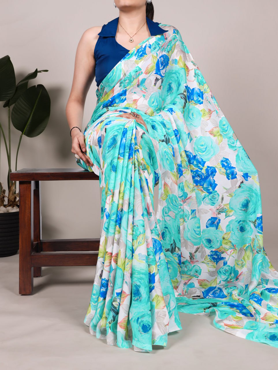 Teal Dull Satin Floral Printed Saree with Moonga Silk Blouse