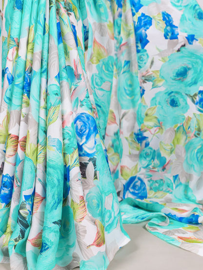 Teal Dull Satin Floral Printed Saree with Moonga Silk Blouse