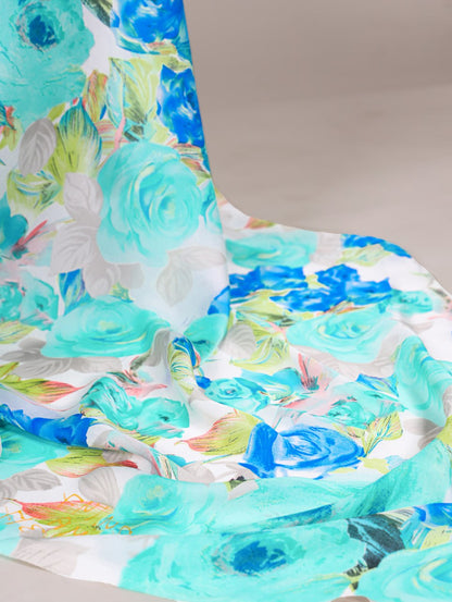 Teal Dull Satin Floral Printed Saree with Moonga Silk Blouse