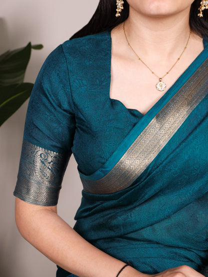 Teal Green Marsh Mello Zari Weaving Saree with Matching Blouse