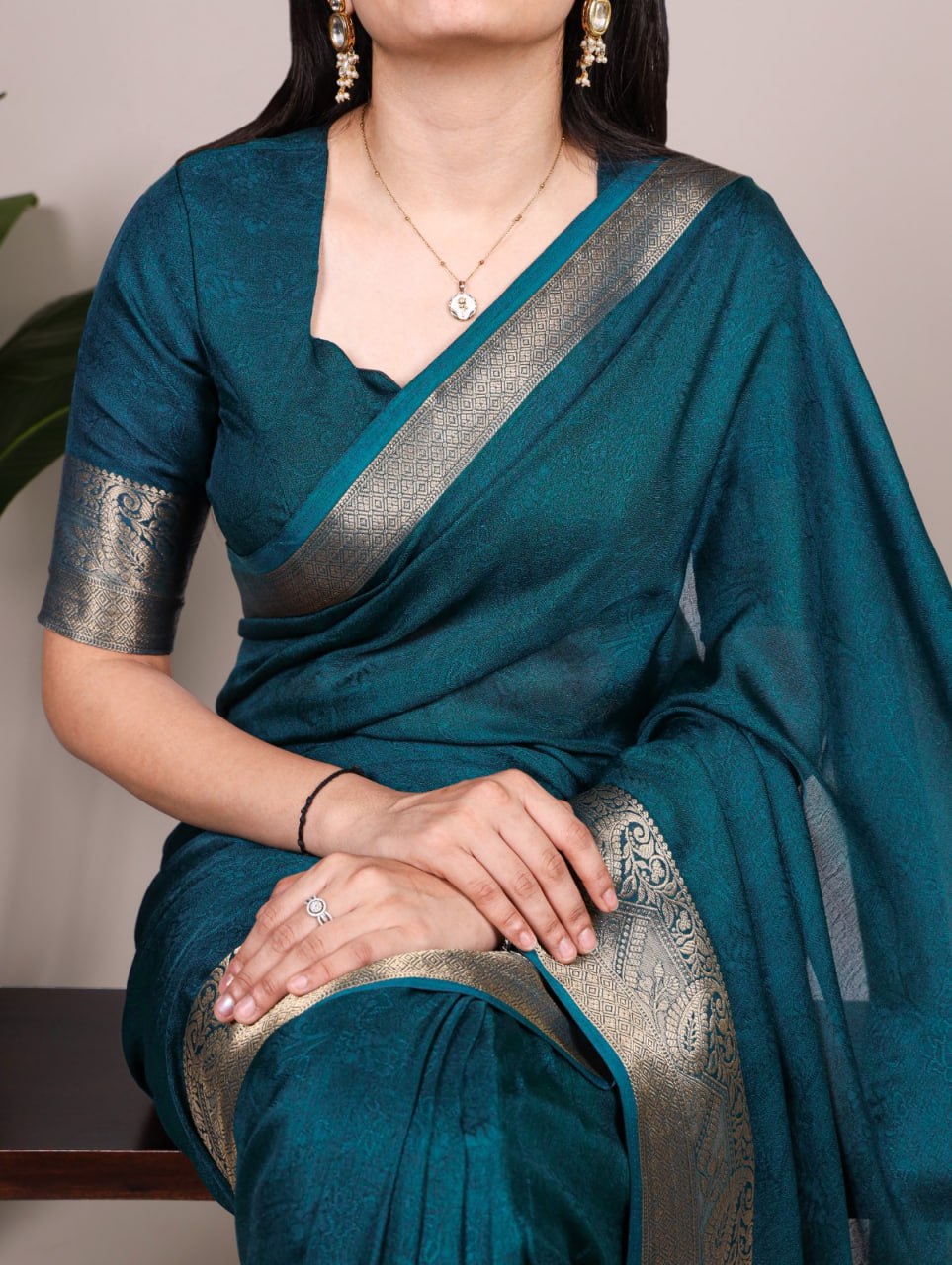 Teal Green Marsh Mello Zari Weaving Saree with Matching Blouse