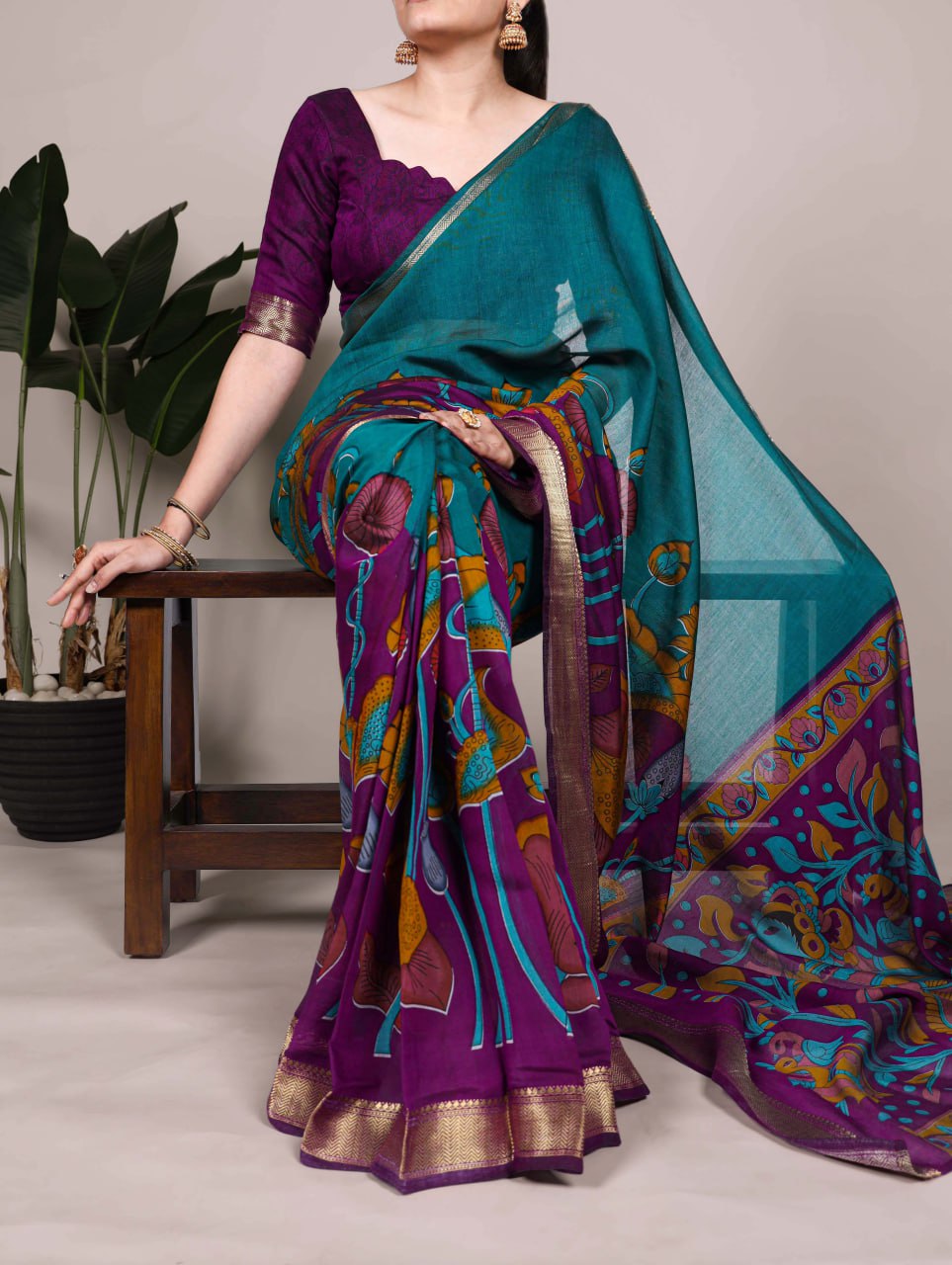 Teal Green Polyester Viscose Chanderi Floral Printed Saree With Purple Blouse
