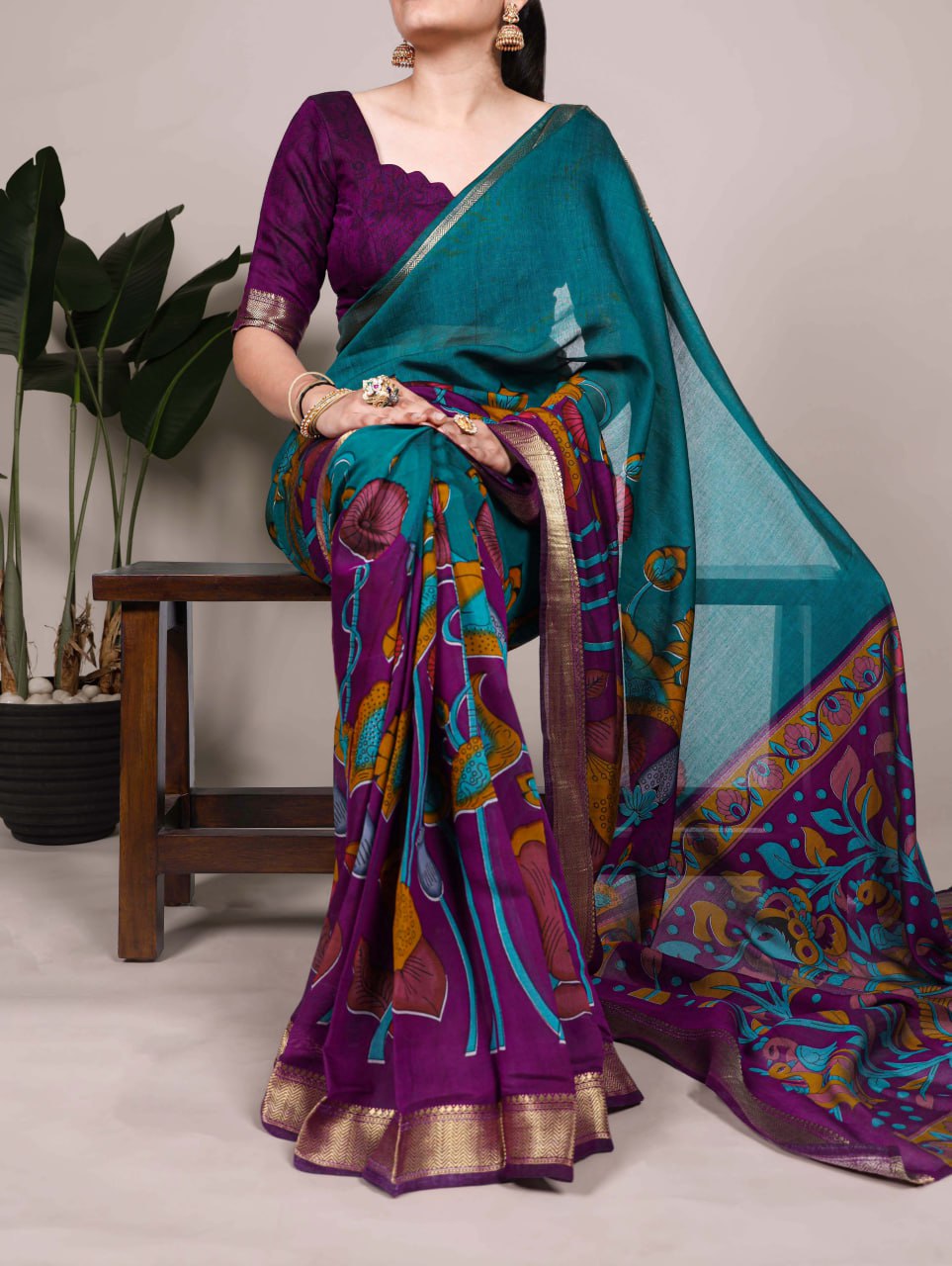 Teal Green Polyester Viscose Chanderi Floral Printed Saree With Purple Blouse