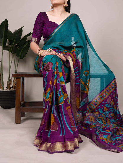 Teal Green Polyester Viscose Chanderi Floral Printed Saree With Purple Blouse