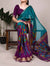 Teal Green Polyester Viscose Chanderi Floral Printed Saree With Purple Blouse
