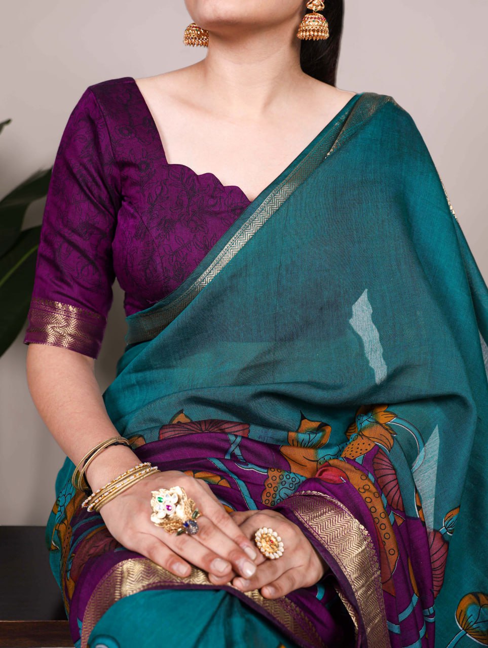Teal Green Polyester Viscose Chanderi Floral Printed Saree With Purple Blouse