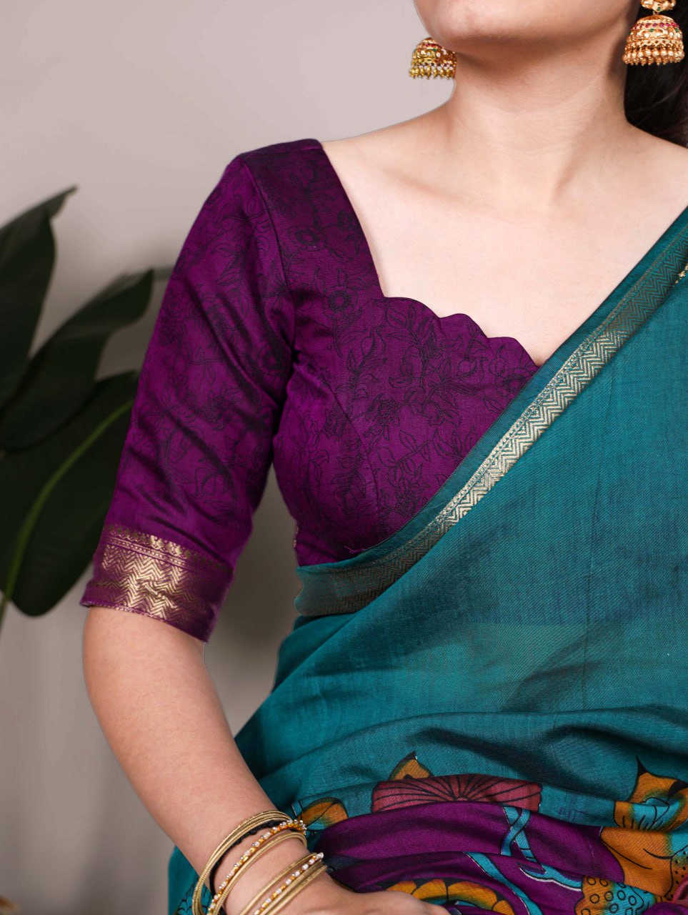Teal Green Polyester Viscose Chanderi Floral Printed Saree With Purple Blouse