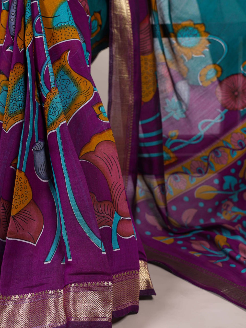 Teal Green Polyester Viscose Chanderi Floral Printed Saree With Purple Blouse