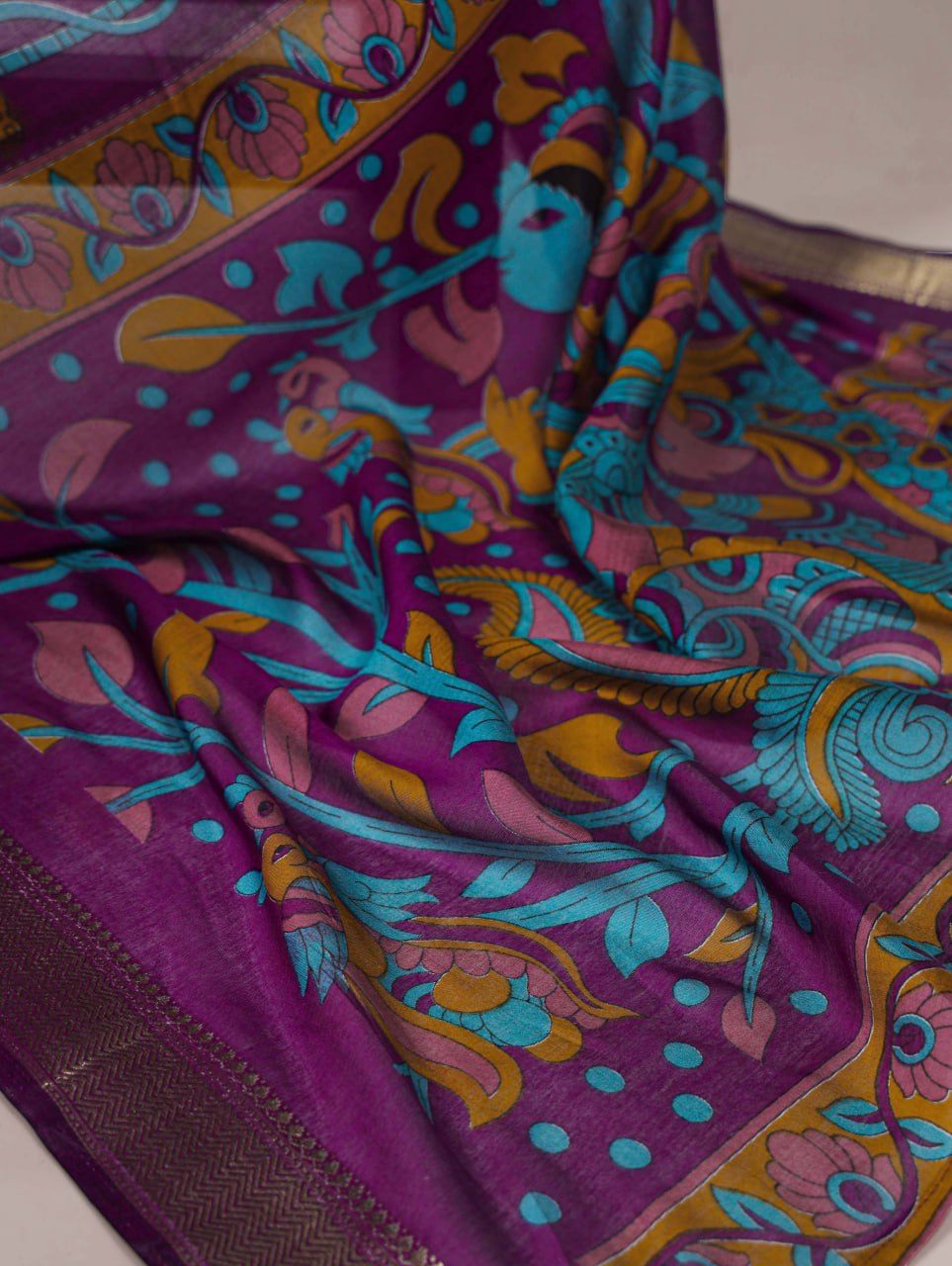 Teal Green Polyester Viscose Chanderi Floral Printed Saree With Purple Blouse