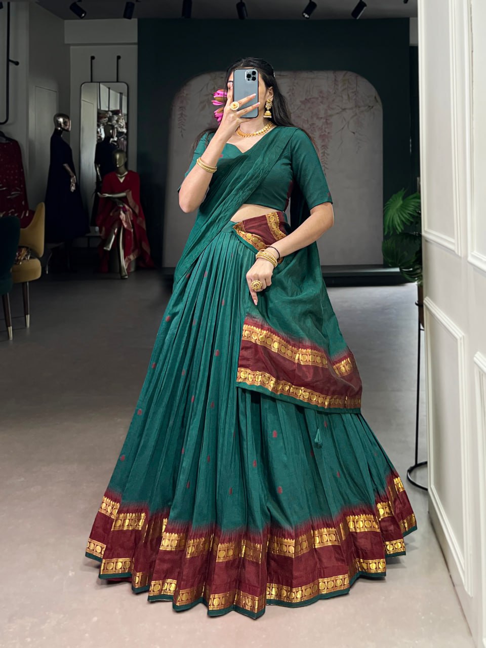 Teal Green Pure Traditional Chanderi Zari Weaving Saree Lehenga Choli Set
