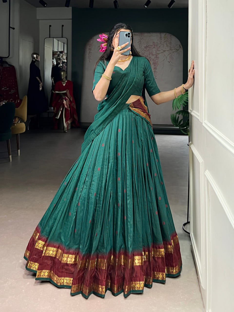 Teal Green Pure Traditional Chanderi Zari Weaving Saree Lehenga Choli Set