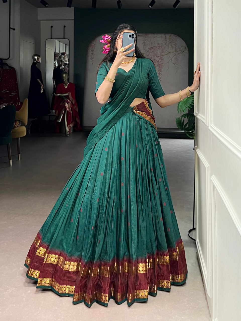 Teal Green Pure Traditional Chanderi Zari Weaving Saree Lehenga Choli Set