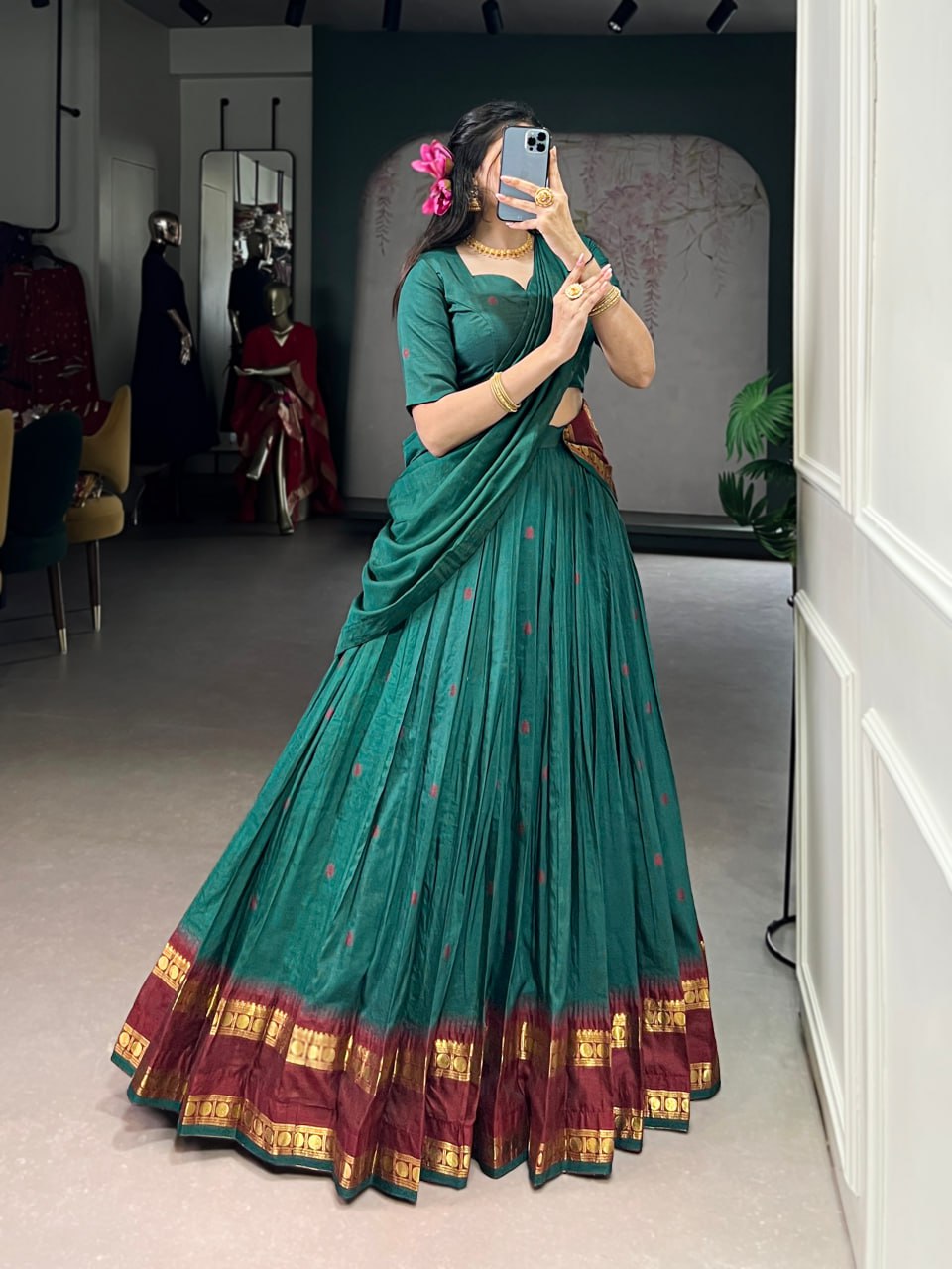 Teal Green Pure Traditional Chanderi Zari Weaving Saree Lehenga Choli Set