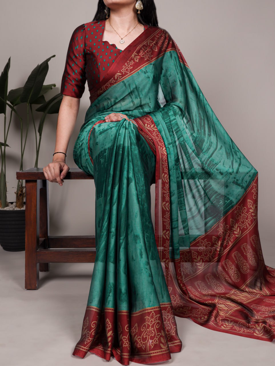 Teal Green Rangoli Silk Printed Saree with Red Border Printed Blouse