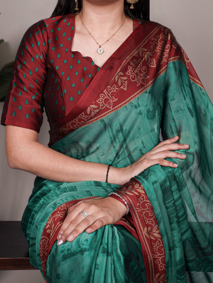 Teal Green Rangoli Silk Printed Saree with Red Border Printed Blouse