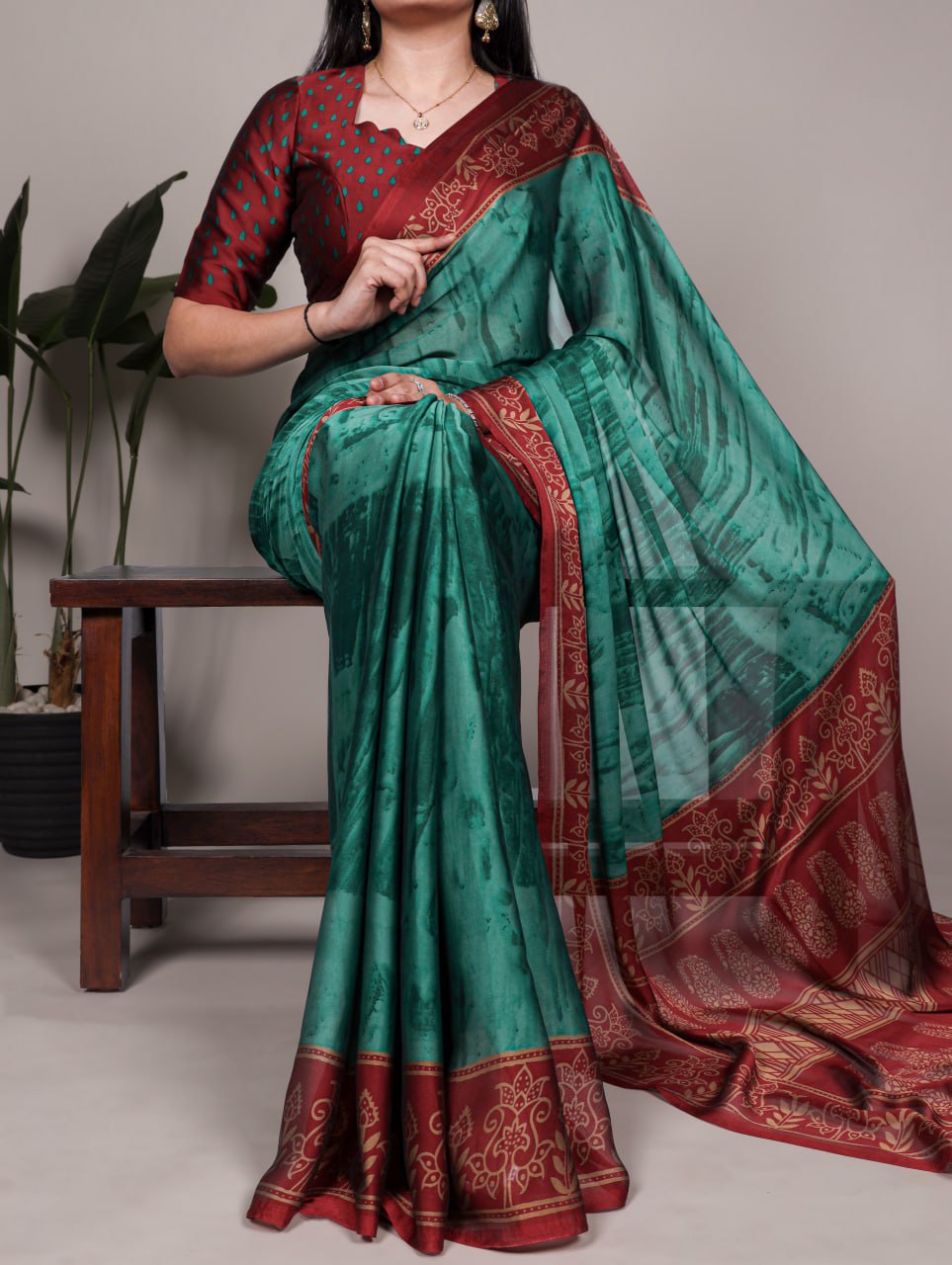 Teal Green Rangoli Silk Printed Saree with Red Border Printed Blouse