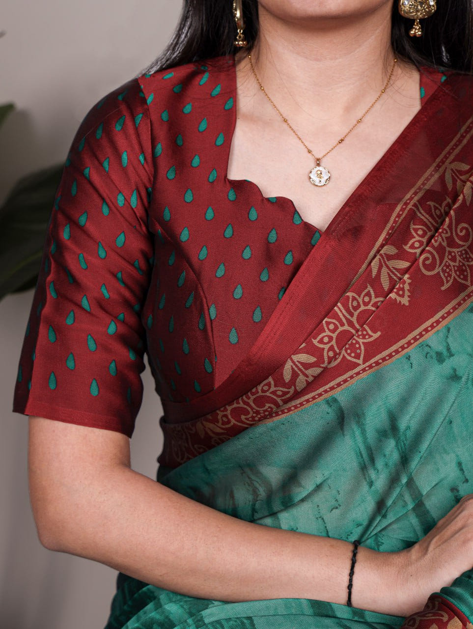 Teal Green Rangoli Silk Printed Saree with Red Border Printed Blouse