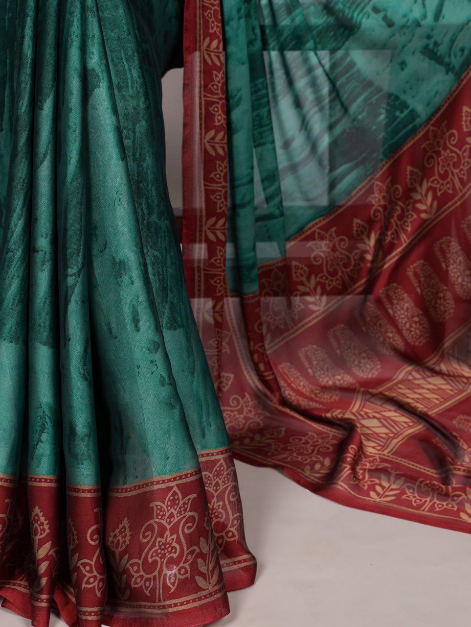 Teal Green Rangoli Silk Printed Saree with Red Border Printed Blouse
