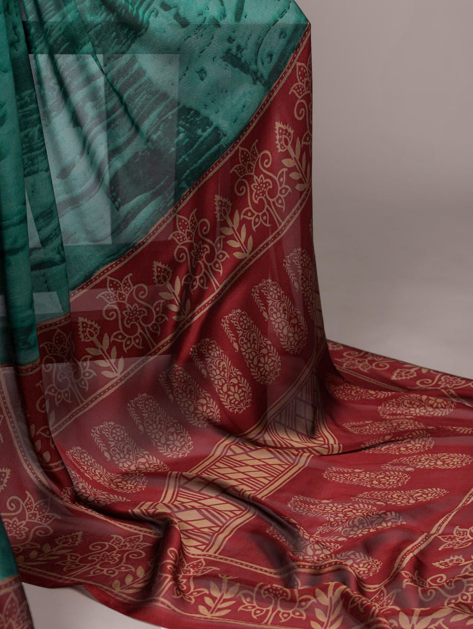 Teal Green Rangoli Silk Printed Saree with Red Border Printed Blouse