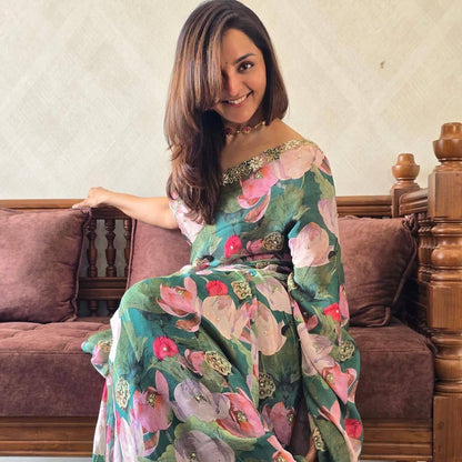 Teal Green Tebi Silk Digital Printed Saree with Silk Handworked Blouse