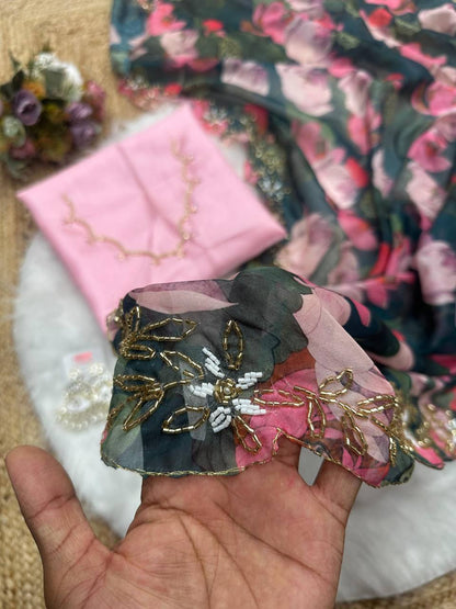 Teal Green Tebi Silk Digital Printed Saree with Silk Handworked Blouse