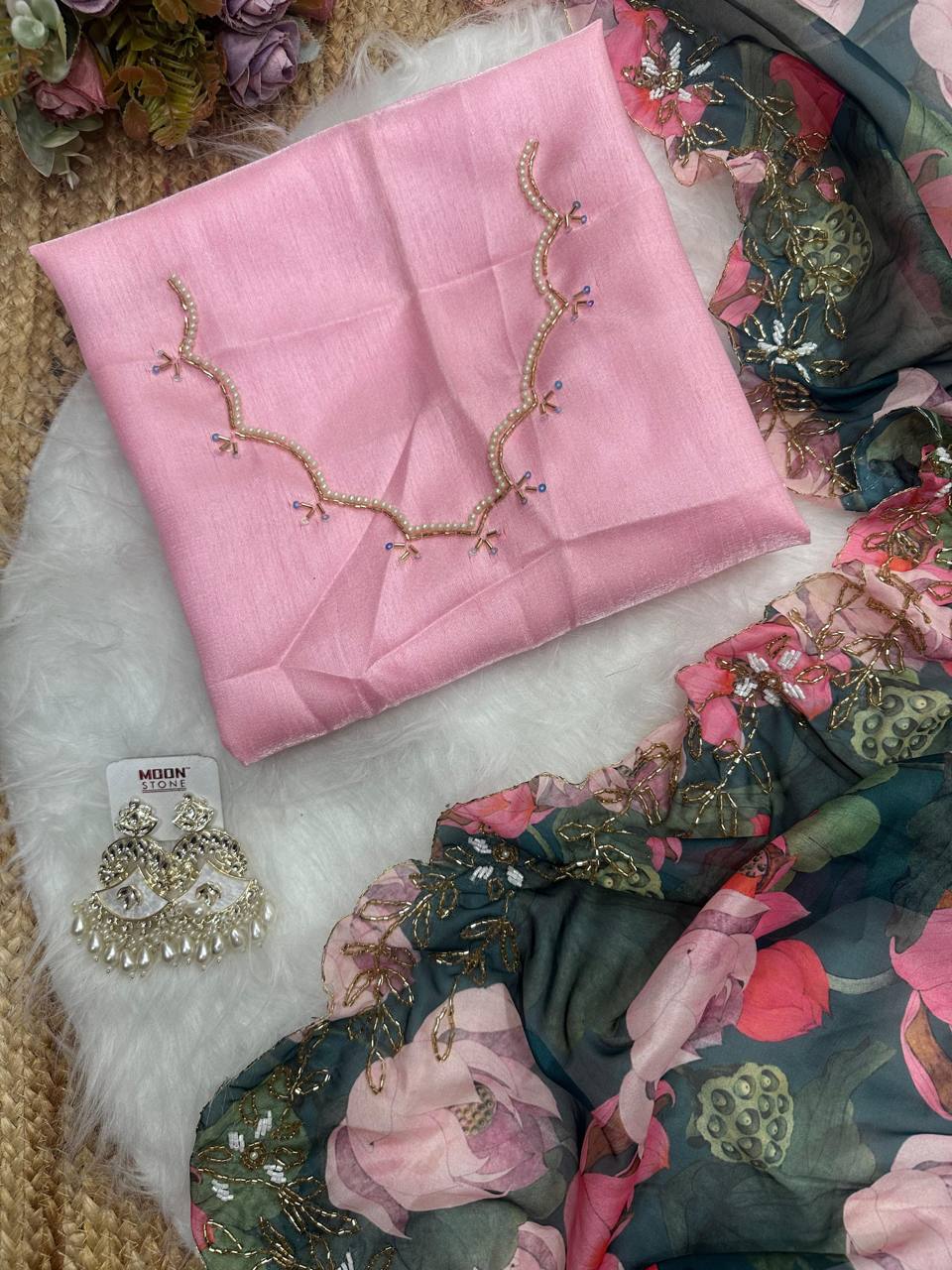 Teal Green Tebi Silk Digital Printed Saree with Silk Handworked Blouse