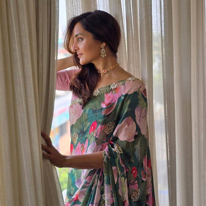 Teal Green Tebi Silk Digital Printed Saree with Silk Handworked Blouse