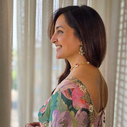 Teal Green Tebi Silk Digital Printed Saree with Silk Handworked Blouse