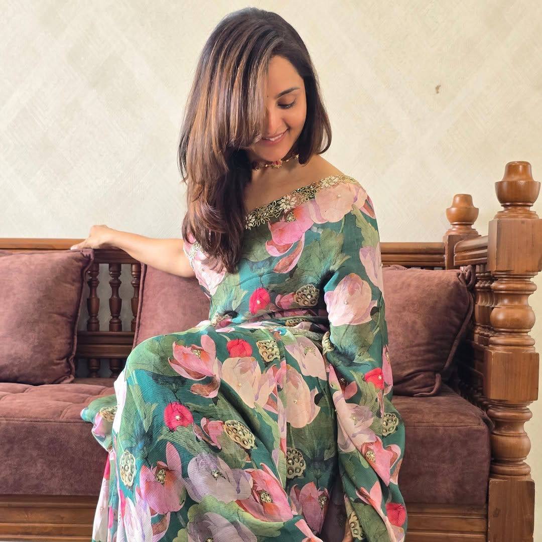 Teal Green Tebi Silk Digital Printed Saree with Silk Handworked Blouse