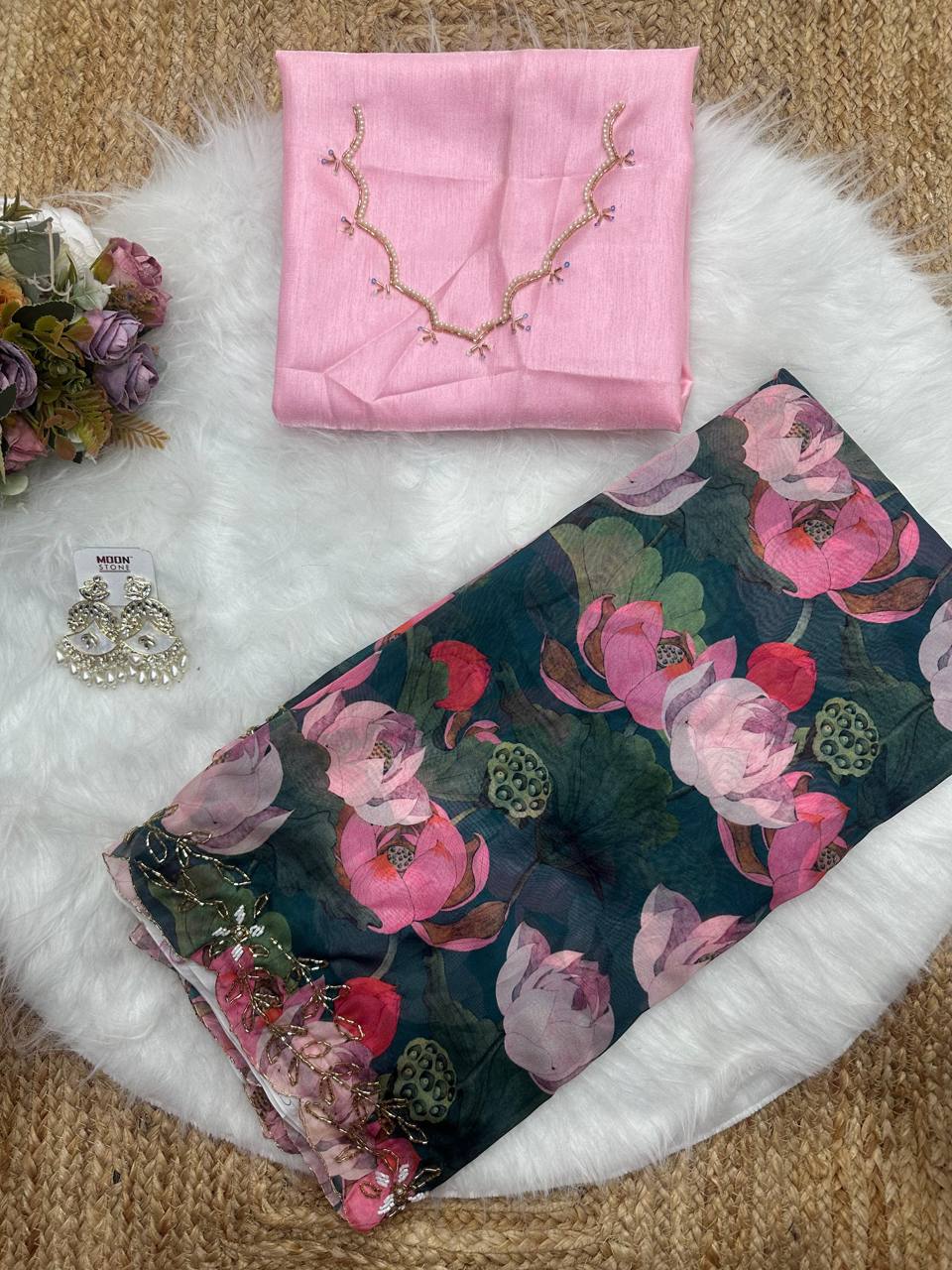 Teal Green Tebi Silk Digital Printed Saree with Silk Handworked Blouse