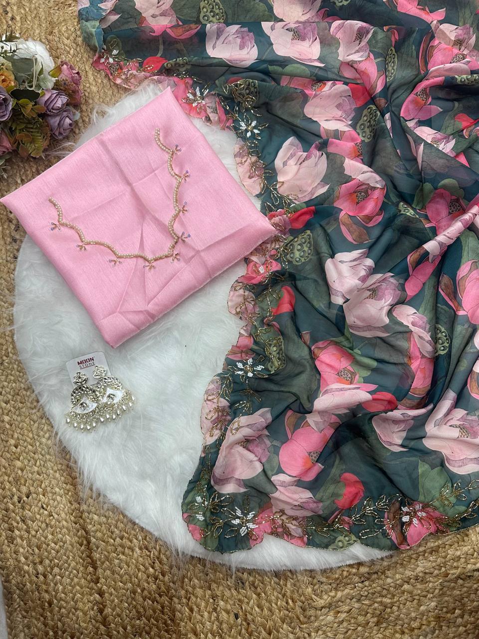 Teal Green Tebi Silk Digital Printed Saree with Silk Handworked Blouse