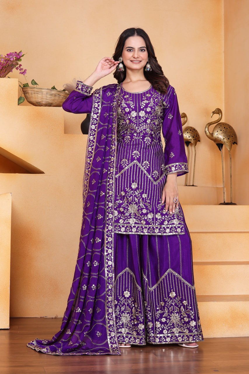 Violet Designer Chinon Silk Sharara Suit with Sequins Embroidery