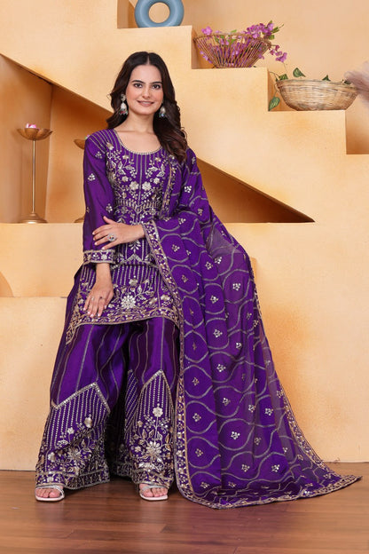 Violet Designer Chinon Silk Sharara Suit with Sequins Embroidery