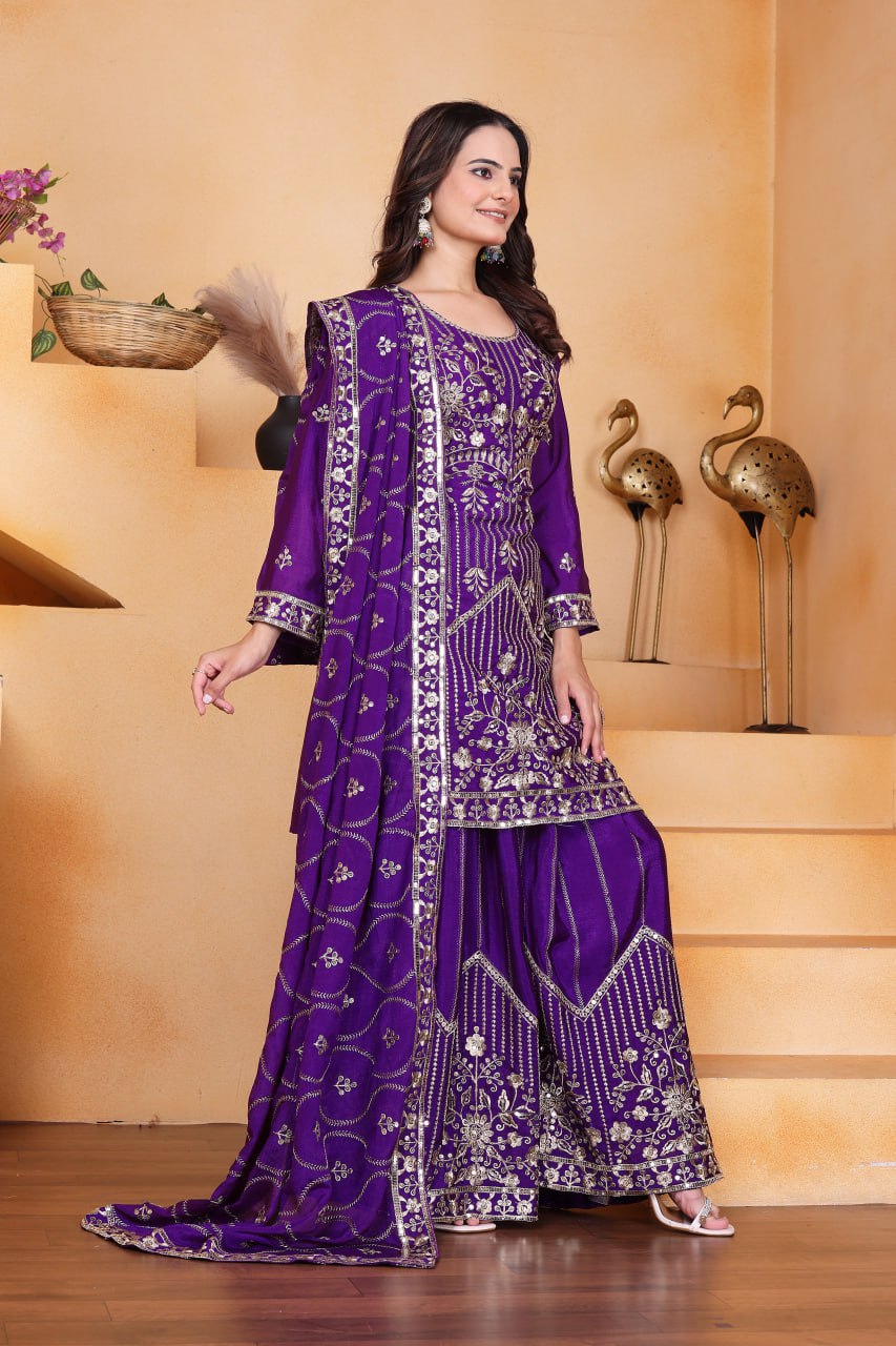 Violet Designer Chinon Silk Sharara Suit with Sequins Embroidery