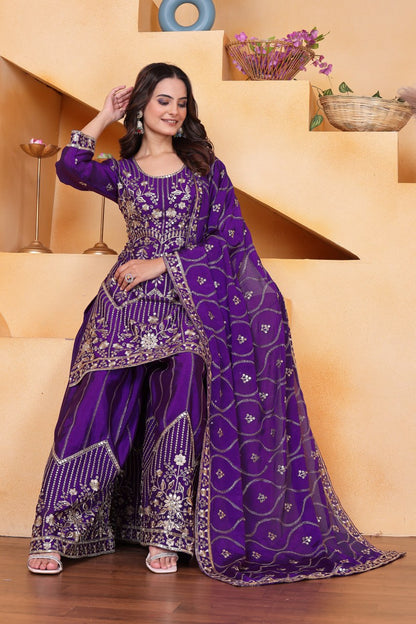 Violet Designer Chinon Silk Sharara Suit with Sequins Embroidery