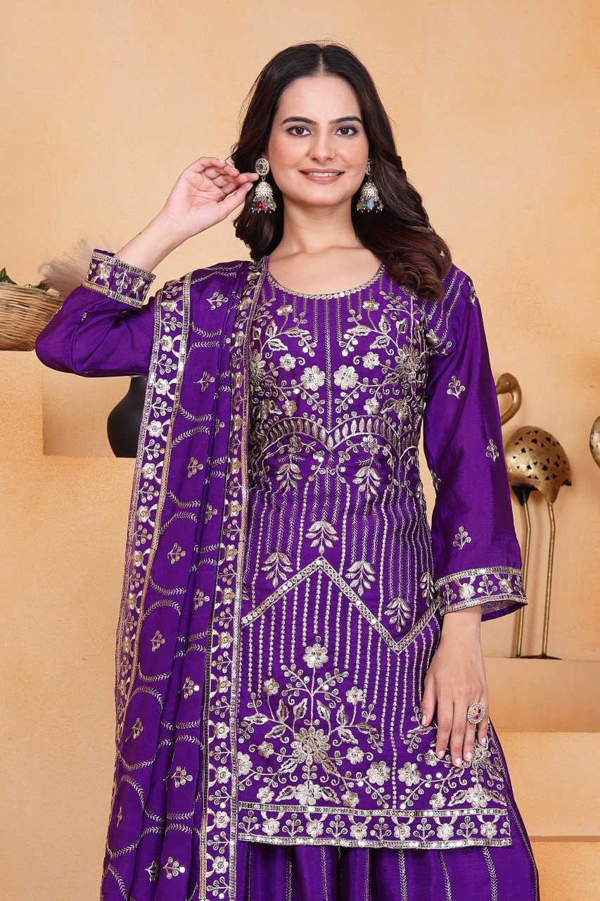 Violet Designer Chinon Silk Sharara Suit with Sequins Embroidery
