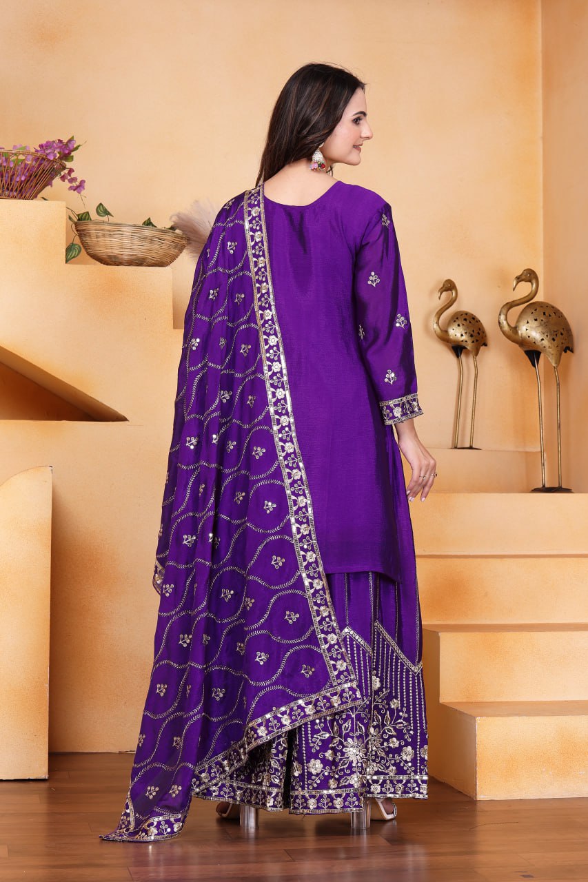 Violet Designer Chinon Silk Sharara Suit with Sequins Embroidery