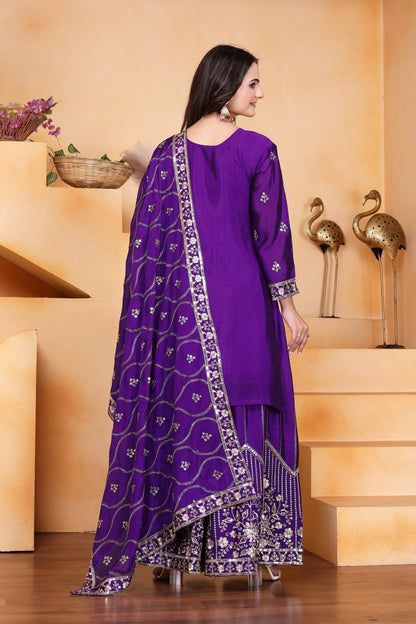 Violet Designer Chinon Silk Sharara Suit with Sequins Embroidery