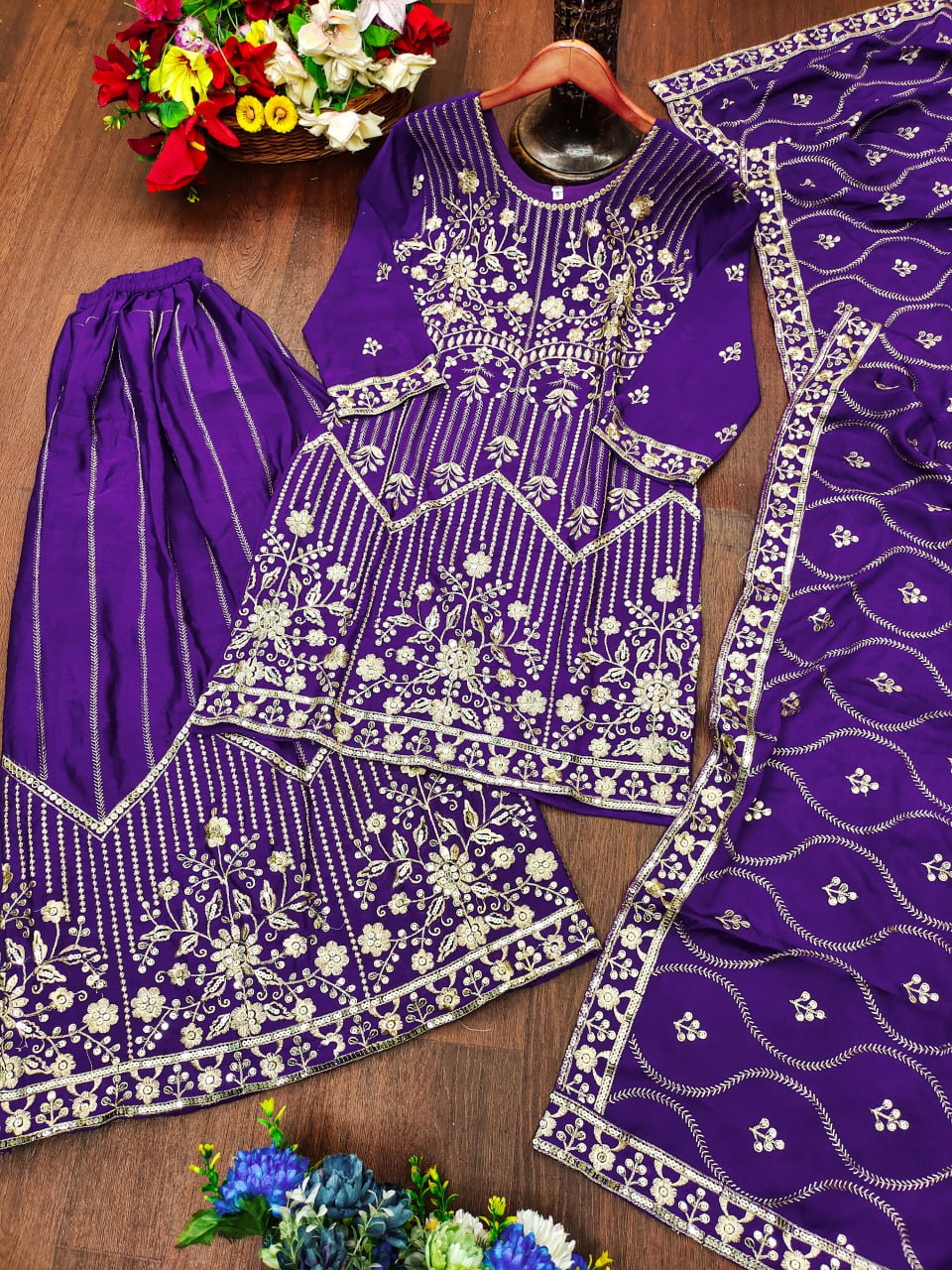 Violet Designer Chinon Silk Sharara Suit with Sequins Embroidery