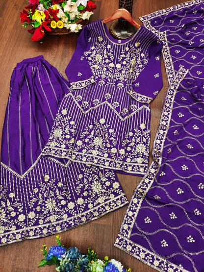 Violet Designer Chinon Silk Sharara Suit with Sequins Embroidery