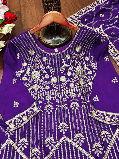 Violet Designer Chinon Silk Sharara Suit with Sequins Embroidery