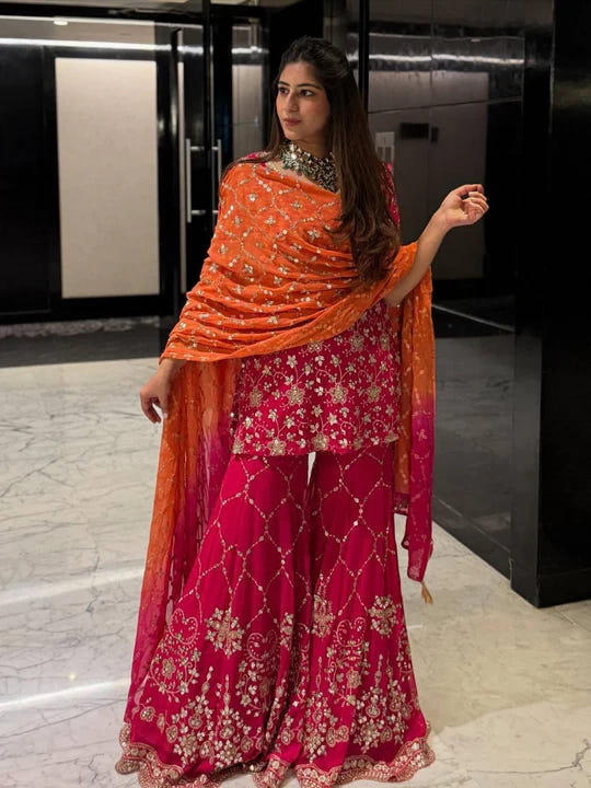 Wear Pink Color Georgette Ready To Wear Sharara Set